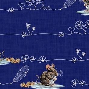Love Hearts and Flowers, Whimsical Dark Floral Line Art with Cute Mouse, Hand Drawn Flowers with Feather Quill and Acorns