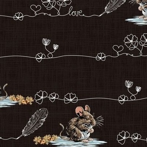 Whimsical Dark Floral Line Art with Cute Mouse, Magical Love Heart Theme, Hand Drawn Flowers with Feather Quill and Acorns
