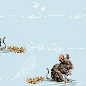 Magical Sky Blue Nursery Theme, Whimsical Animal Line Art with Cute Mice, Hand Drawn Flowers with Feather Quill and Acorns