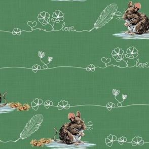 Magical Whimsical Animal Line Art with Cute Mice, Hand Drawn Flowers with Feather Quill and Acorns on Emerald Green