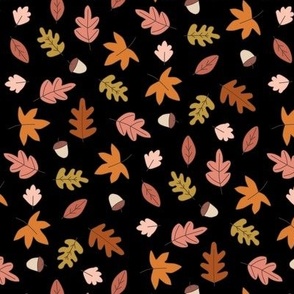 Fall Autumn Leaves on Black in  Red Gold Pink Orange - 1 inch