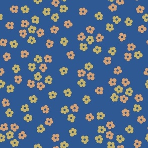 Ditsy flowers in peach and yellow on blue background ( large scale )