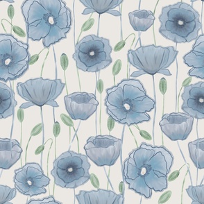 Poppies- blue and green on cream, large