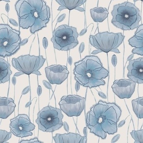 Poppies blue on cream - medium