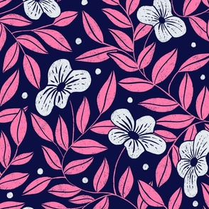 Small white flowers and bright pink leaves on dark blue