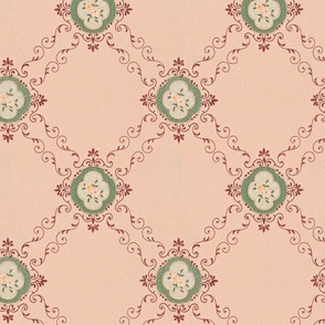 Burgundy scroll lattice with floral medallions in green