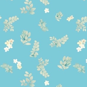 Leaves and wild flowers in turquoise background