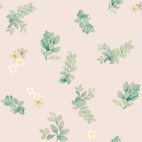 Leaves and wild flowers in pale pink background