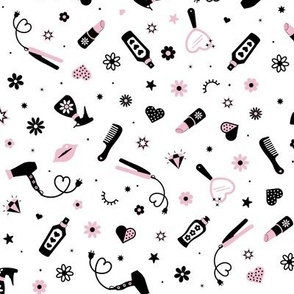 Beauty Products -Pink Black & White, Cosmetics, Makeup, Hair, Lipstick, Hairdryer, Flatiron, Hairspray, Hair Salon, Hairdresser, Makeup Artist, Beautician, Cosmetologist, Hearts, Flowers