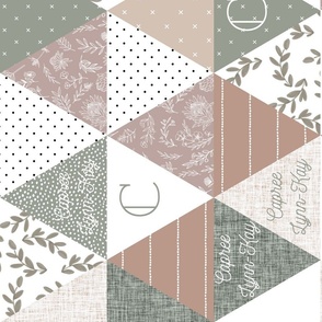 Rotated Capree Lynn-Kay: Nickainley Font on 6" triangle wholecloth: mauve, laurel, taupe