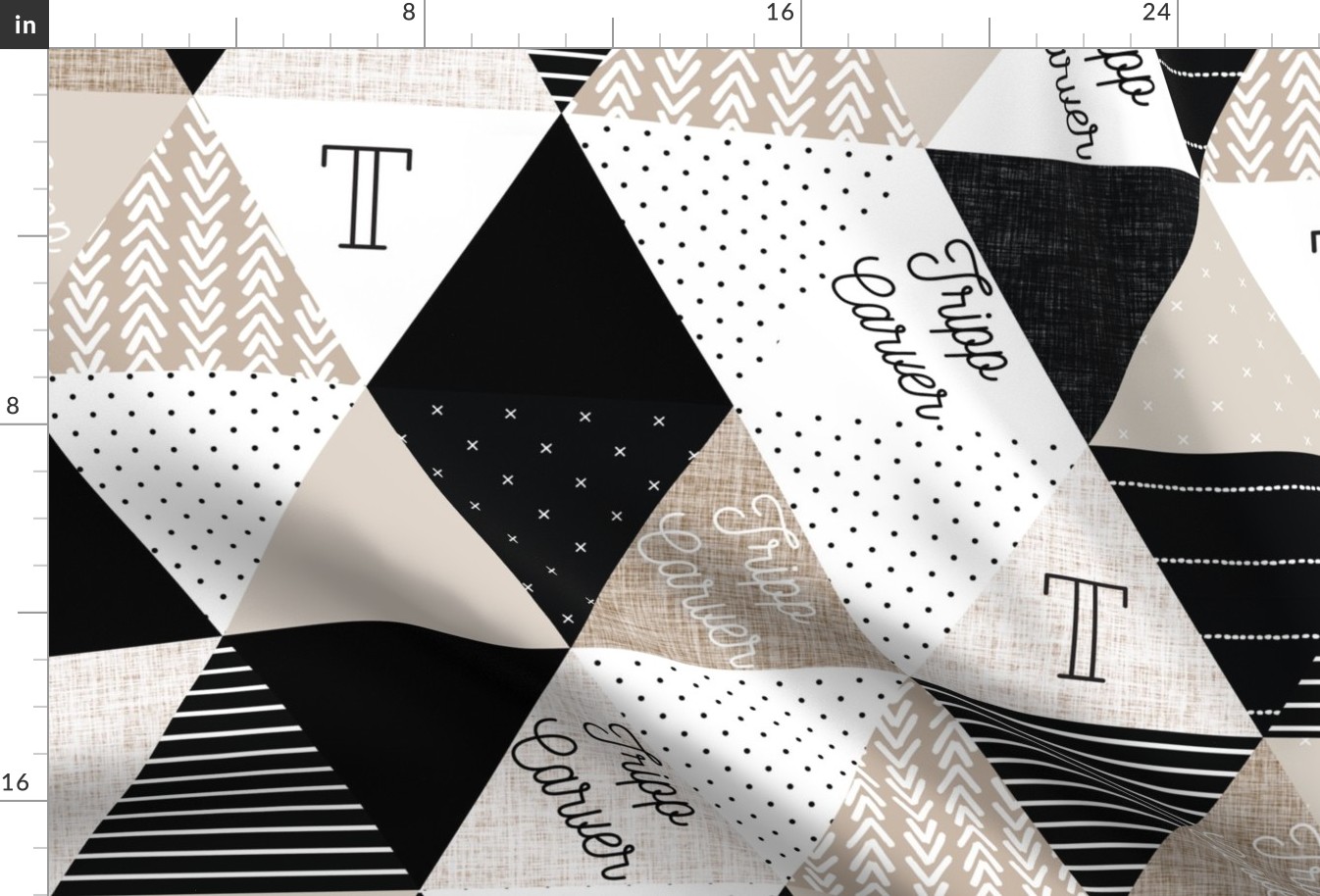 Tripp Carver: Nickainley Font on 6" Triangle Wholecloth: Black and Taupe Patterns