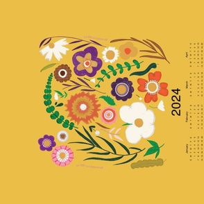 2024 Tea Towel Calendar-Boho Folk Spring Floral Yellow