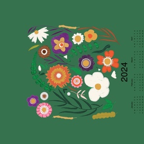 2024 Tea Towel Calendar-Boho Folk Spring Floral Green