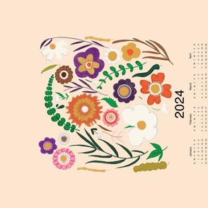 2024 Tea Towel Calendar-Boho Folk Spring Floral Beige