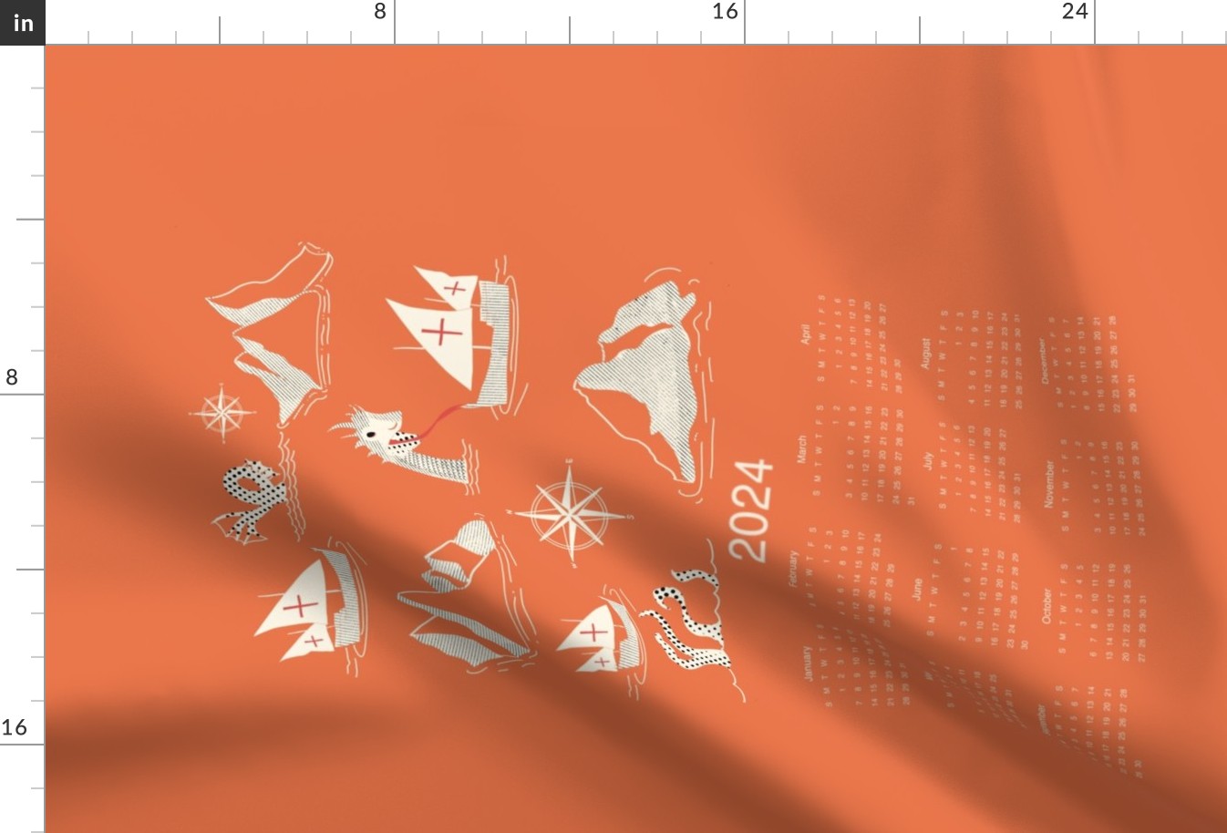 2024 Tea Towel Calendar Medieval Nautical Sea Creatures Orange