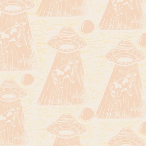 UFO Alien Cow Abduction; Whimsical Lino Block Design-Print Pink and yellow