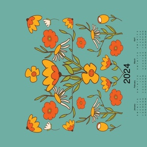 2024 Tea Towel Calendar - Retro Floral 70s Style Flowers Blue