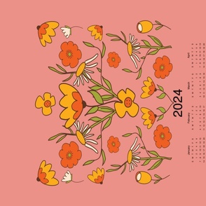 2024 Tea Towel Calendar - Retro Floral 70s Style Flowers Pink