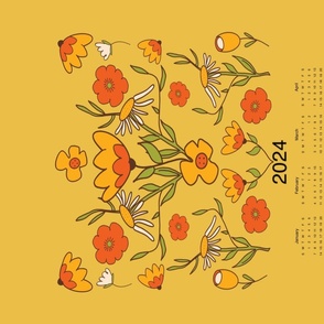 2024 Tea Towel Calendar - Retro Floral 70s Style Flowers Yellow