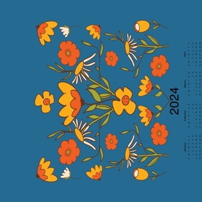 2024 Tea Towel Calendar - Retro Floral 70s Style Flowers Blue