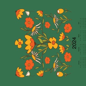 2024 Tea Towel Calendar - Retro Floral 70s Style Flowers Green