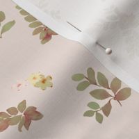 Leaves and wild flowers in pale rose background