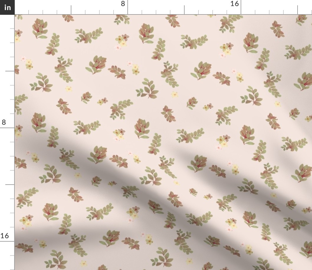 Leaves and wild flowers in pale rose background