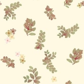 Leaves and wild flowers in vanilla yellow background