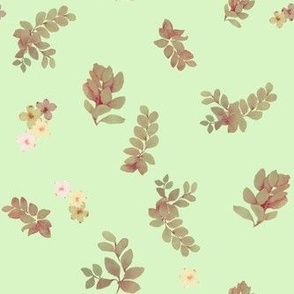 Leaves and wild flowers in apple green background