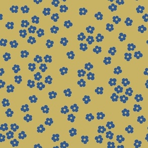 Blue Ditsy Flowers on a yellow background (large scale).