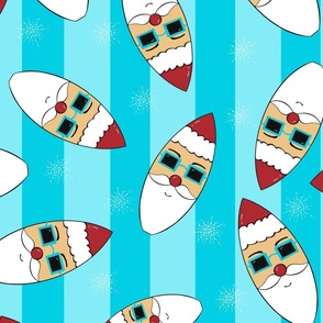 Tropical Christmas // Santa on the surfboard // hawaii paradise // blue background // stripes and Snowflakes (large)