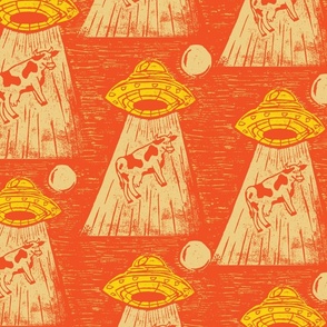UFO Alien Cow Abduction Print; Whimsical Lino Block Design-Bright Orange and yellow