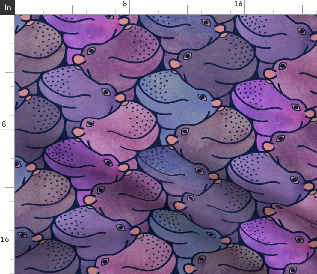 Heads Up Hippos! 24-inch repeat purple watercolours