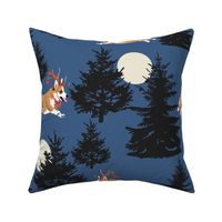 Corgi dog Christmas Moon with reindeer antlers and tree ornaments dark blue