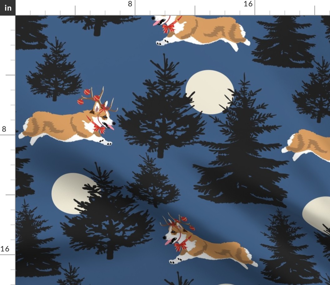 Corgi dog Christmas Moon with reindeer antlers and tree ornaments dark blue