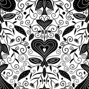Hearts and birds black and white line art