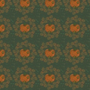 Orange Pumpkin with leaves and vines on a green background