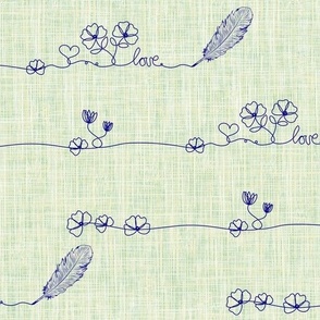 Dainty Flowers Hand Drawn Love Letter, Delicate Floral Line Art, Artistic Flowers on Apple Green Linen Texture