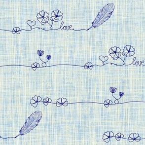 Small Flowers Tiny Hearts Hand Drawn Love Letter, Delicate Floral Line Art, Blue Ink Artistic Flowers on Apple Green Linen Texture