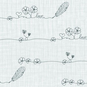 Delicate Flowers Line Art Love Letter, Small Florals Little Hearts Hand Drawn, Artistic Flowers on Blue Grey Gray Linen Texture