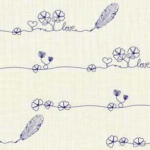 White Flowers of Love Line Art Love Letter, Small Florals Little Hearts Hand Drawn, Artistic Flowers on Blue Grey Gray Linen Texture
