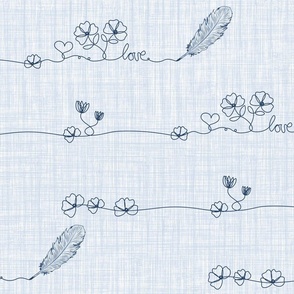 Blue Flowers Line Art Love Letter, Tiny Florals Little Hearts Hand Drawn, Artistic Flowers on Blue Linen Texture