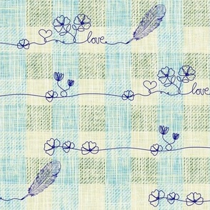 Textured Blue and Yellow Gingham Plaid Flower Line Art Love Letter, Tiny Florals Little Hearts Hand Drawn, Artistic Flowers on Linen Texture