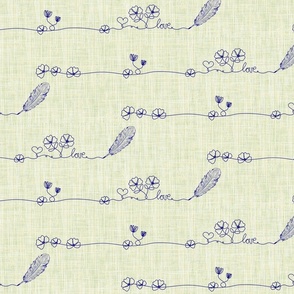 Textured Blue and Green Wildflowers Line Art Love Letter, Tiny Florals Little Hearts Hand Drawn, Artistic Flowers on Linen Texture