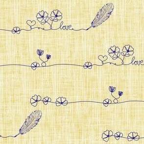Wildflowers Line Art Love Letter, Small Florals Love Hearts Hand Drawn, Artistic Flowers on Linen Texture