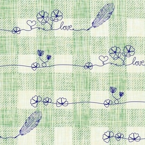 Wild Garden Flowers Line Art Love Heart Letter, Small Florals Tiny Hearts Hand Drawn, Artistic Flowers on Linen Texture