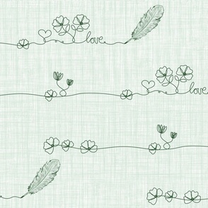 Wild Garden Cottage Flowers, Line Art Love Heart Letter, Small Florals Tiny Hearts Hand Drawn on Linen Texture