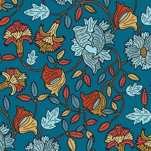 Victorian poppies in teal, turquoise and orange red, arts and crafts 