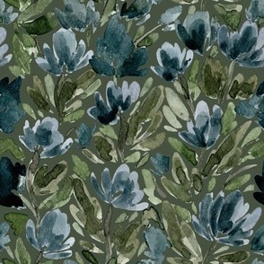 Medium - Midnight Blue Watercolour Tulip Vines - Dark Green