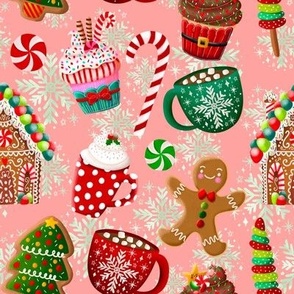 Gingerbread house cookies candy hot cocoa Christmas on coral Pink!